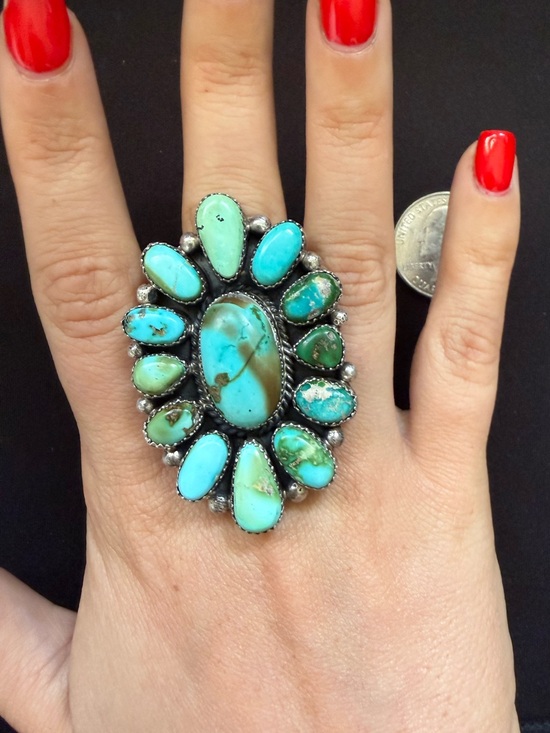 Native American Jewelry - Navajo handmade monster sterling silver turquoise cluster ring. Adjustable band